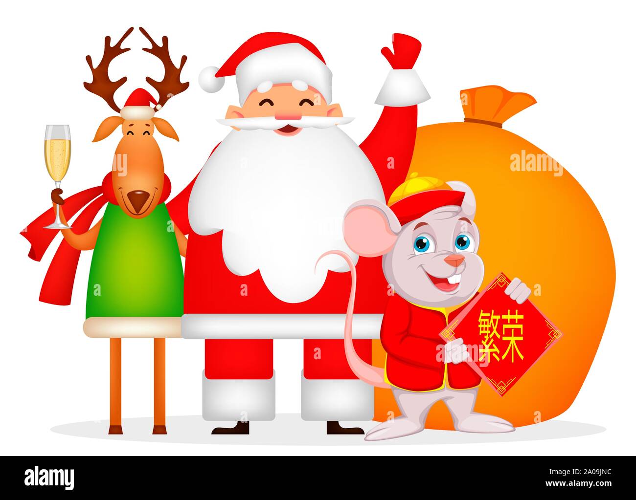 Christmas greeting card. Funny Santa Claus, mouse and deer. Cheerful
