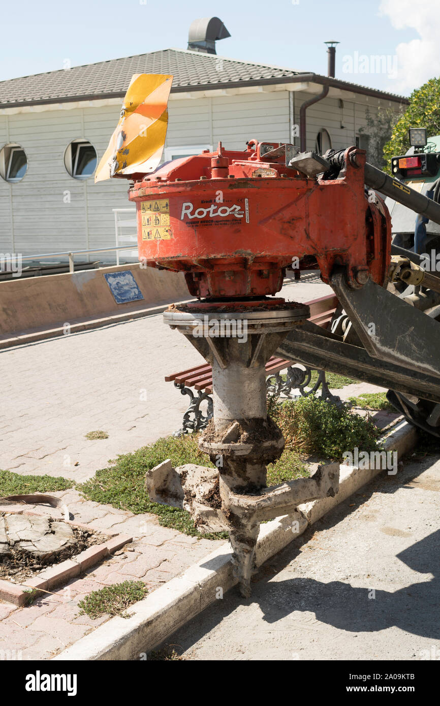 An Eredi Ferri Rotor stump drill mounted on a tractor in Ventimiglia, Liguria, Italy, Europe Stock Photo