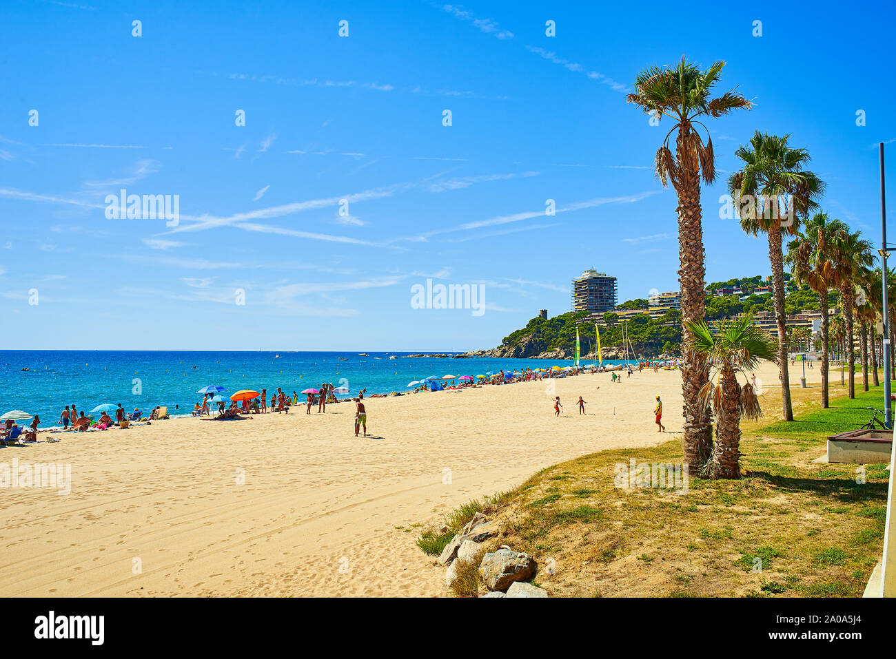San Antonio de Calonge Beach, with the Cami de Ronda Valentina Tower in the background. View from the Stock Photo