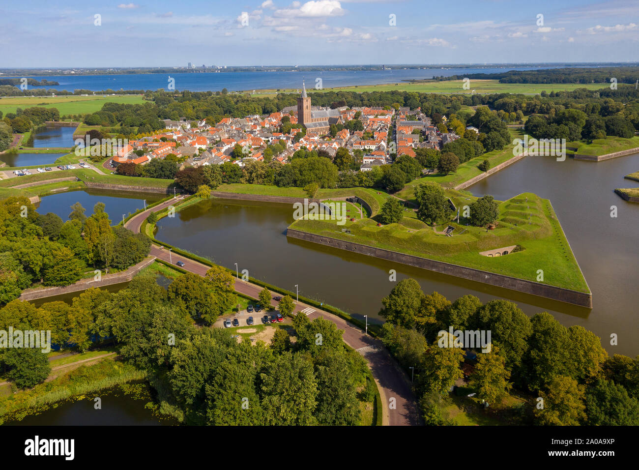 Naarden Vesting Netherlands, fortress city from the Middle Ages from the air Stock Photo