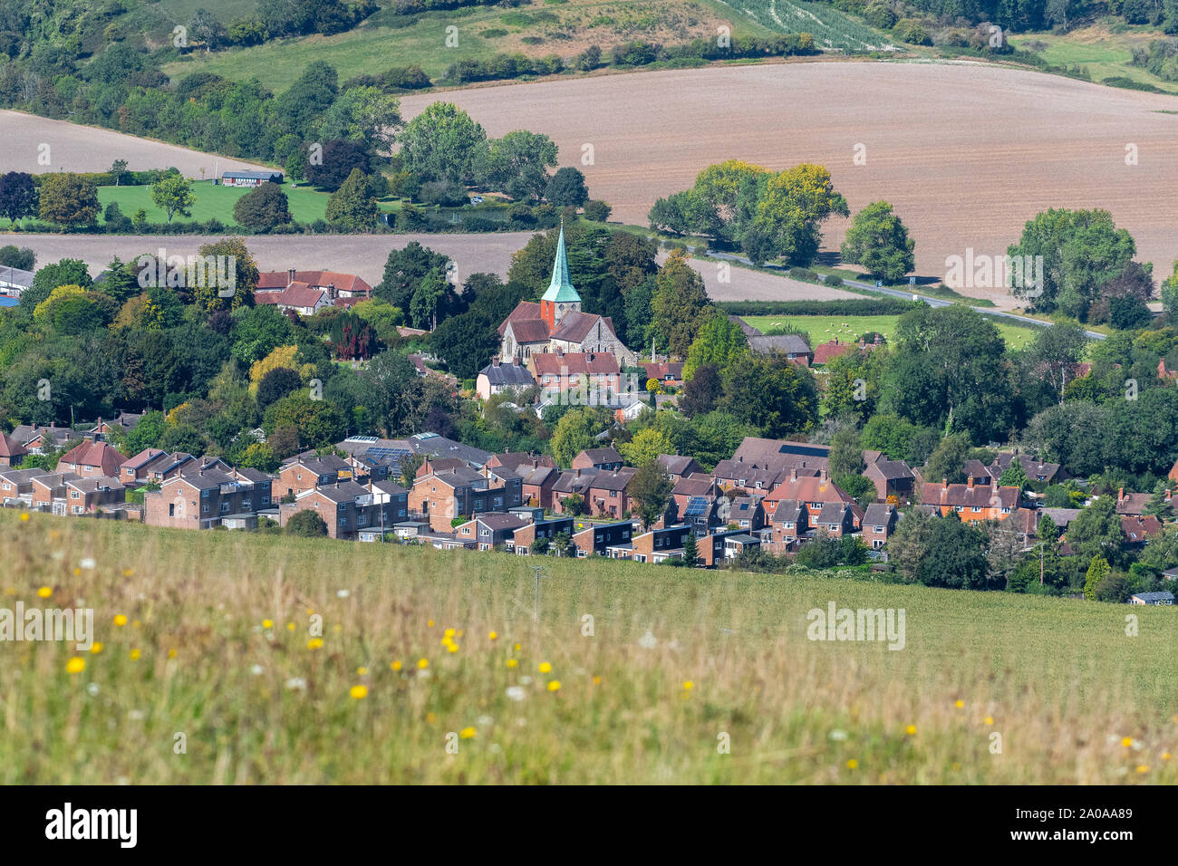 Fabulous views from the downs from Harting Downs towards the village of South Harting and The Parish Church of Saint Mary and Saint Gabriel Harting b Stock Photo