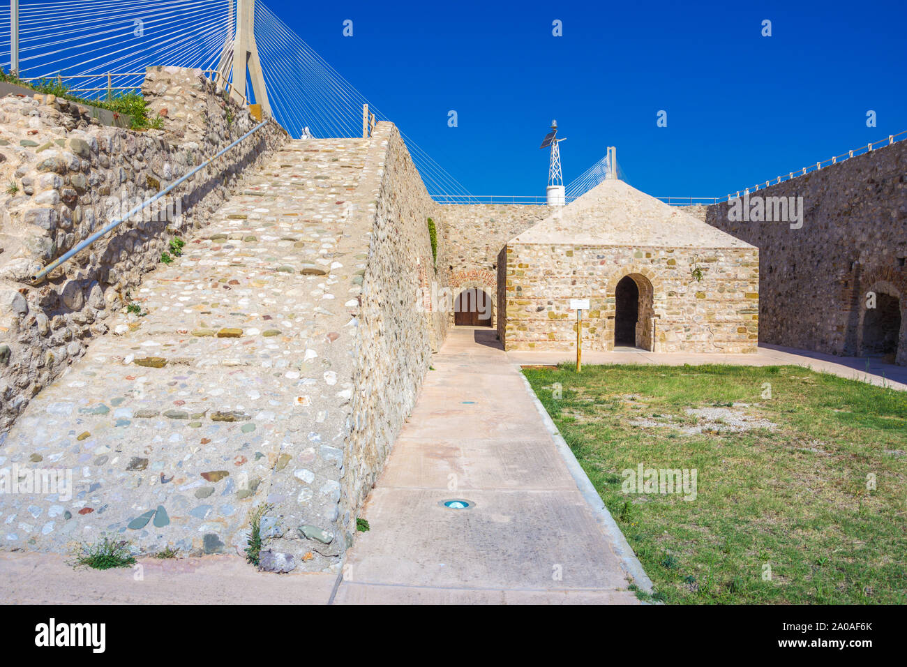 Scenic view of Venecian fortress Rio castle in Greece, near Rio-Antirio Bridge crossing Corinth Gulf strait, Peloponnese, Greece Stock Photo