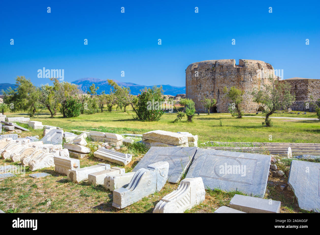 Scenic view of Venecian fortress Rio castle in Greece, near Rio-Antirio Bridge crossing Corinth Gulf strait, Peloponnese, Greece Stock Photo