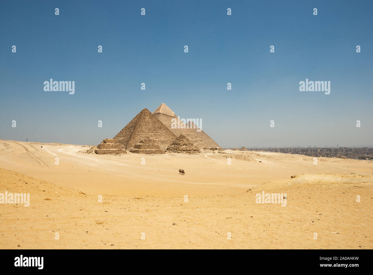 The Giza pyramid complex, also called the Giza Necropolis on the Giza Plateau in Egypt that includes the Great Pyramid of Giza, the Pyramid of Khafre, Stock Photo