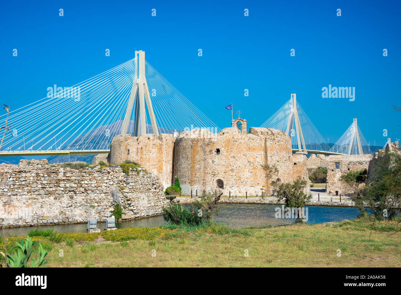 Scenic view of Venecian fortress Rio castle in Greece, near Rio-Antirio Bridge crossing Corinth Gulf strait, Peloponnese, Greece Stock Photo