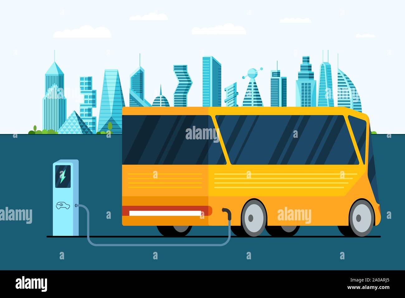 Yellow electric bus at power charger station on smart city road. Modern electro hybrid futuristic vehicle technology and eco public transport environment care concept. Electricity vector illustration Stock Vector