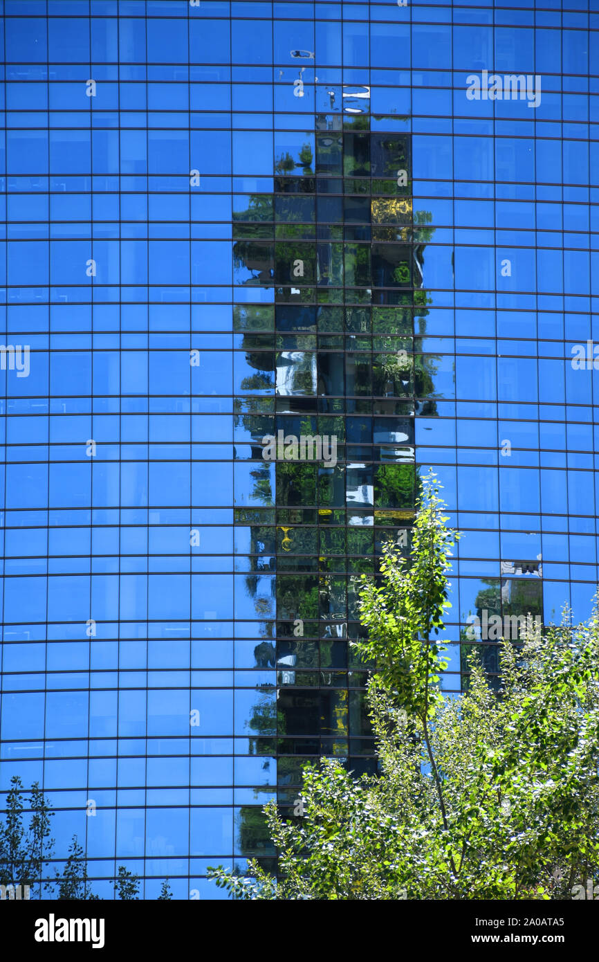 Reflection of Bosco Verticale (Vertical Forest) residential towers with 900 trees as a “vertical forest” on the glass Unicredit Tower skyscraper build Stock Photo