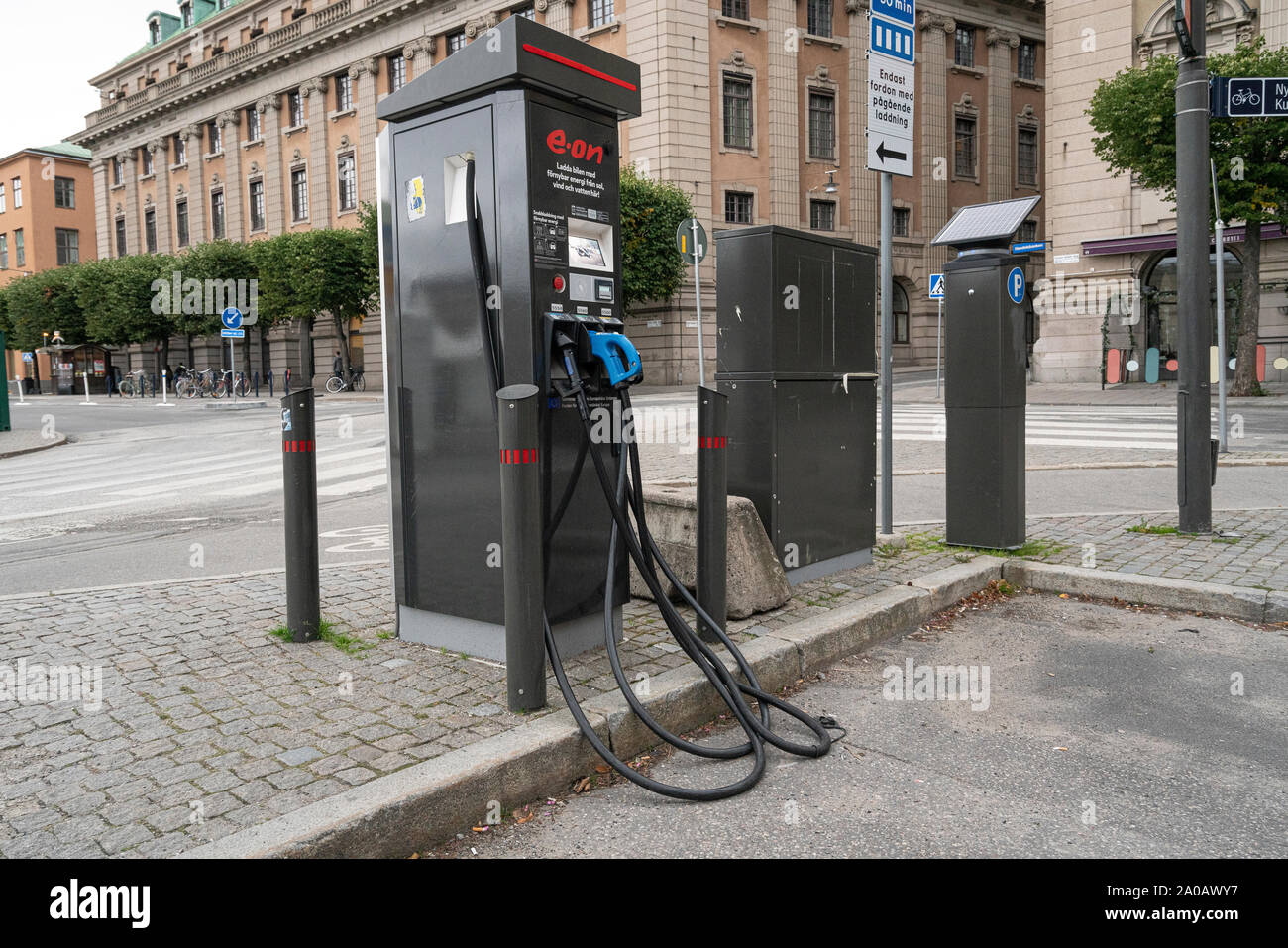 Stockholm, Sweden. September 2019.  column of a station for the supply of electric vehicles in the city center Stock Photo