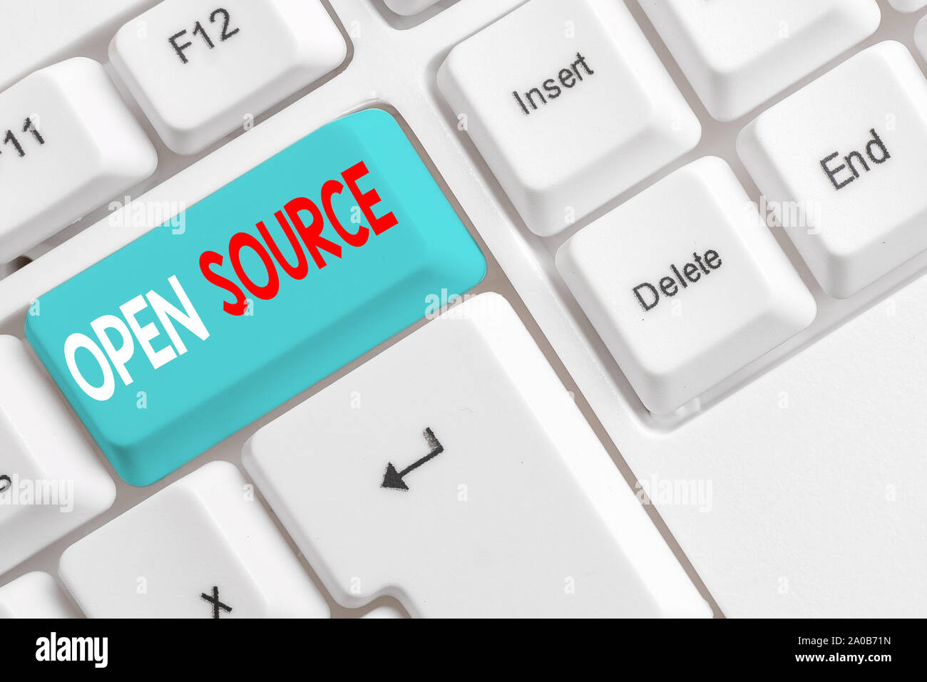 Handwriting text writing Open Source. Conceptual photo denoting software which original source code freely available White pc keyboard with empty note Stock Photo