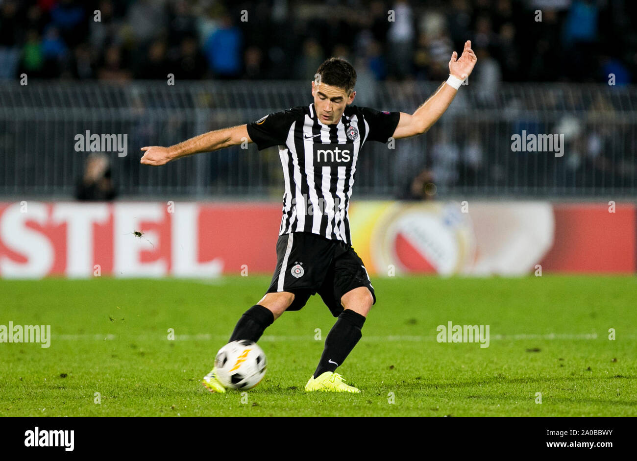 19th September 2019; Stadion FK Partizan, Belgrade, Serbia; Europa League  Football, Partizan Belgrade versus AZ Alkmaar; Sasa Zdjelar of Partizan  plays the ball forward Stock Photo - Alamy