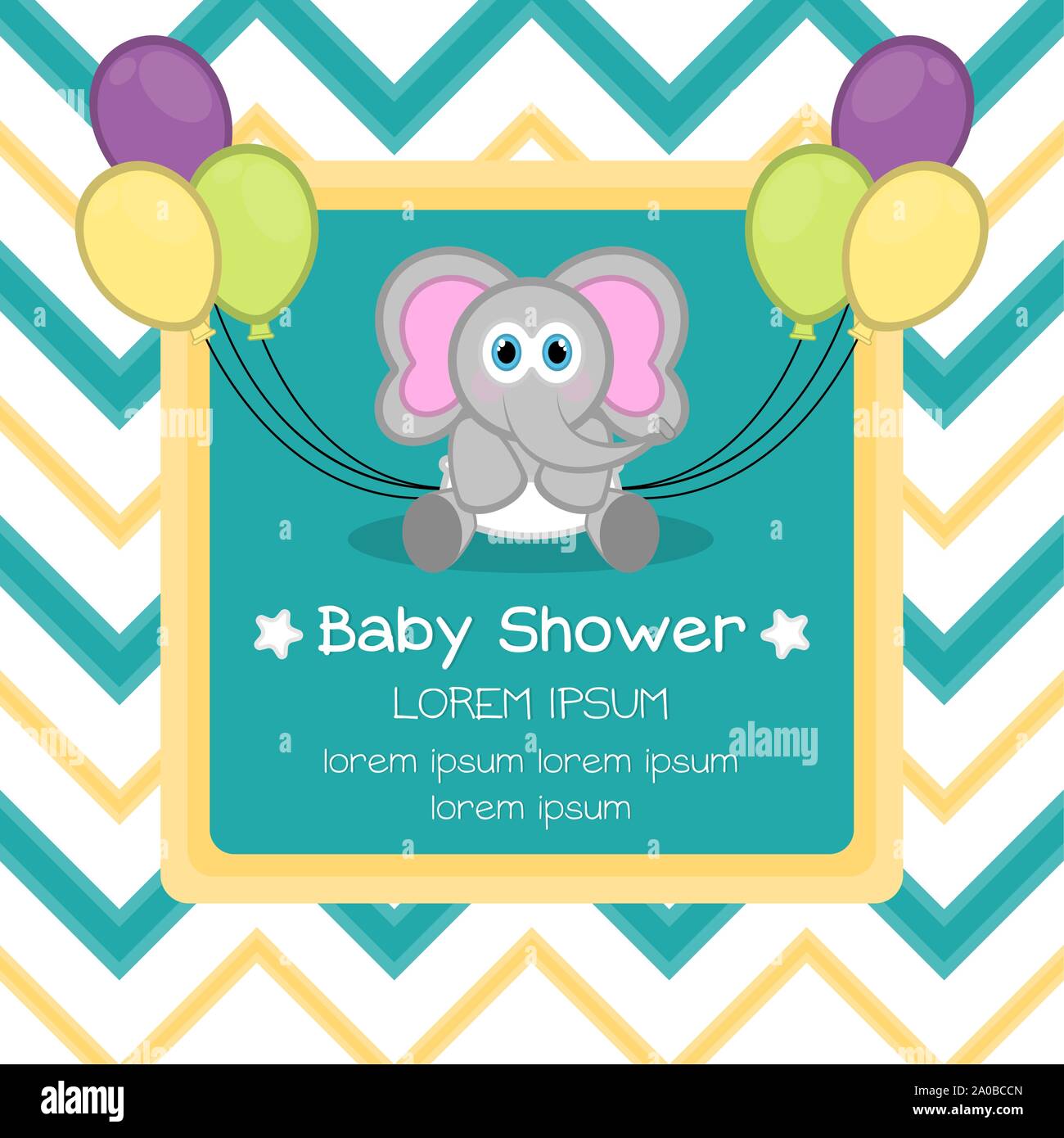 Baby shower card with a cute elephant and balloons - Vector Stock ...
