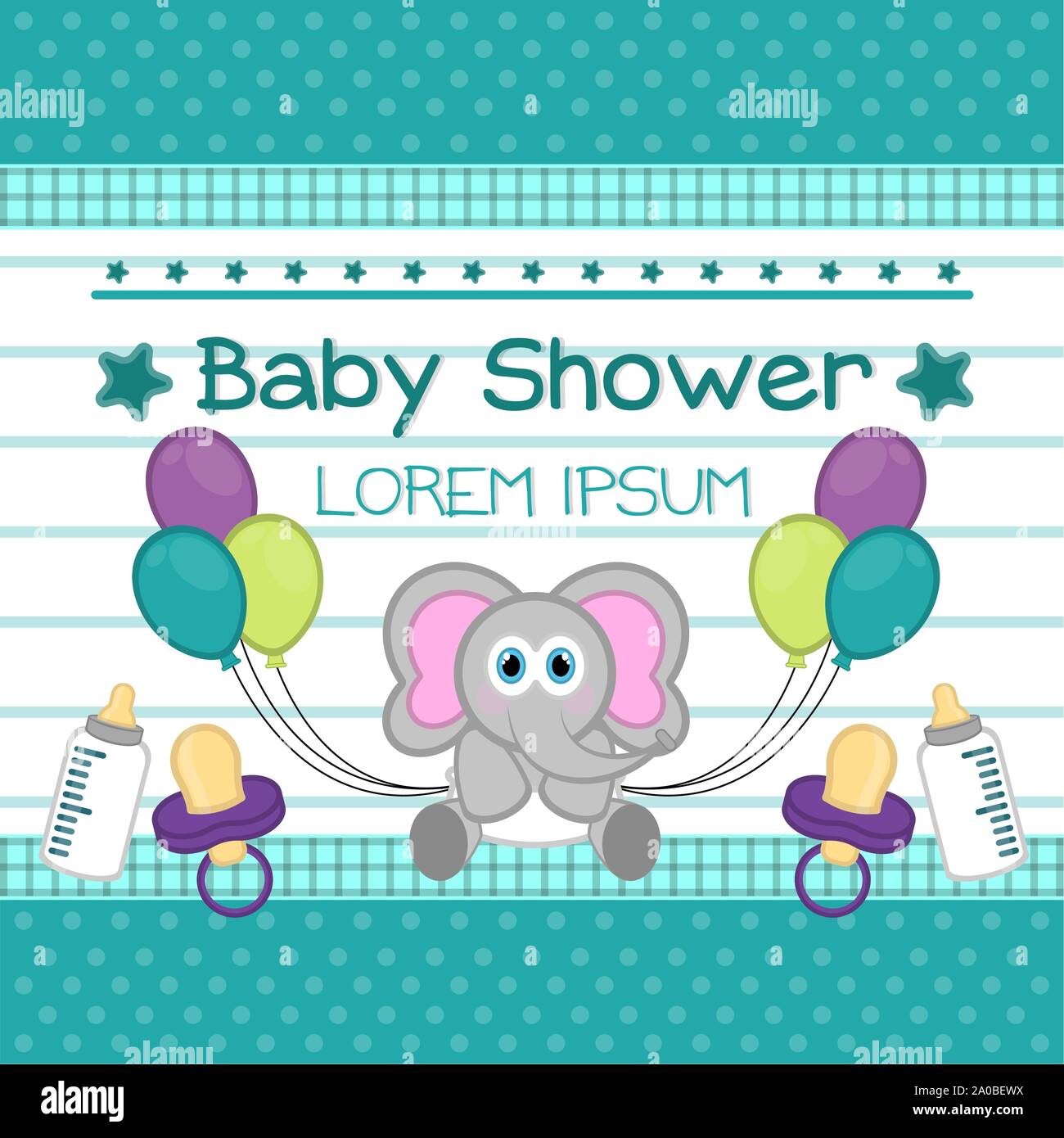 baby shower boy. Elephant with balloons Stock Vector