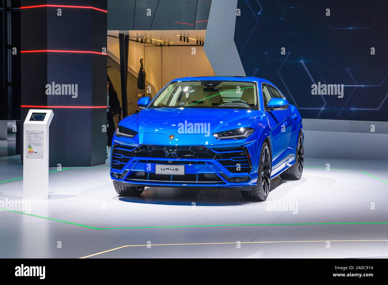 FRANKFURT, GERMANY - SEPT 2019: blue SUV LAMBORGHINI URUS, IAA International Motor Show Auto Exhibtion. Stock Photo