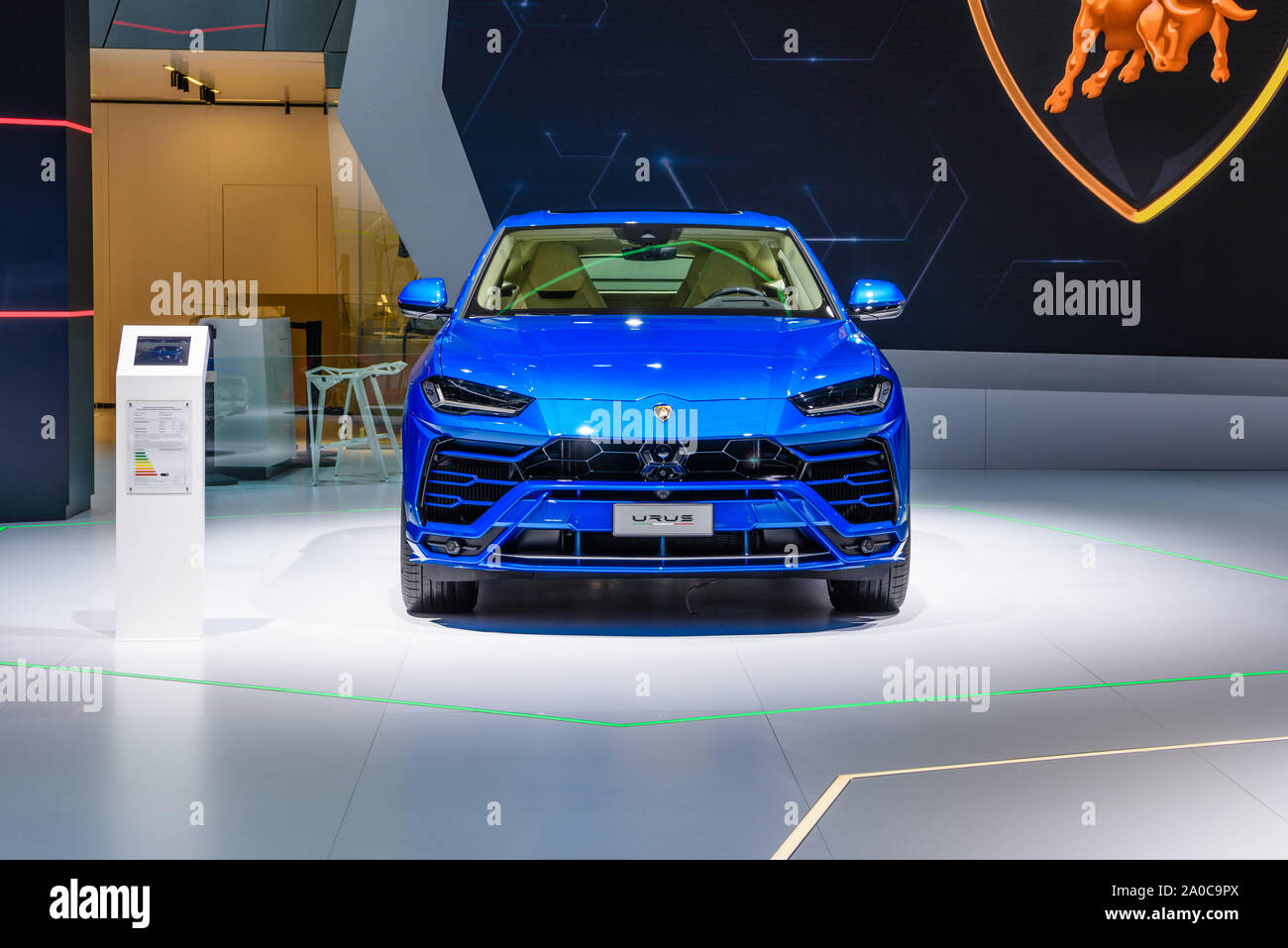 FRANKFURT, GERMANY - SEPT 2019: blue SUV LAMBORGHINI URUS, IAA International Motor Show Auto Exhibtion. Stock Photo