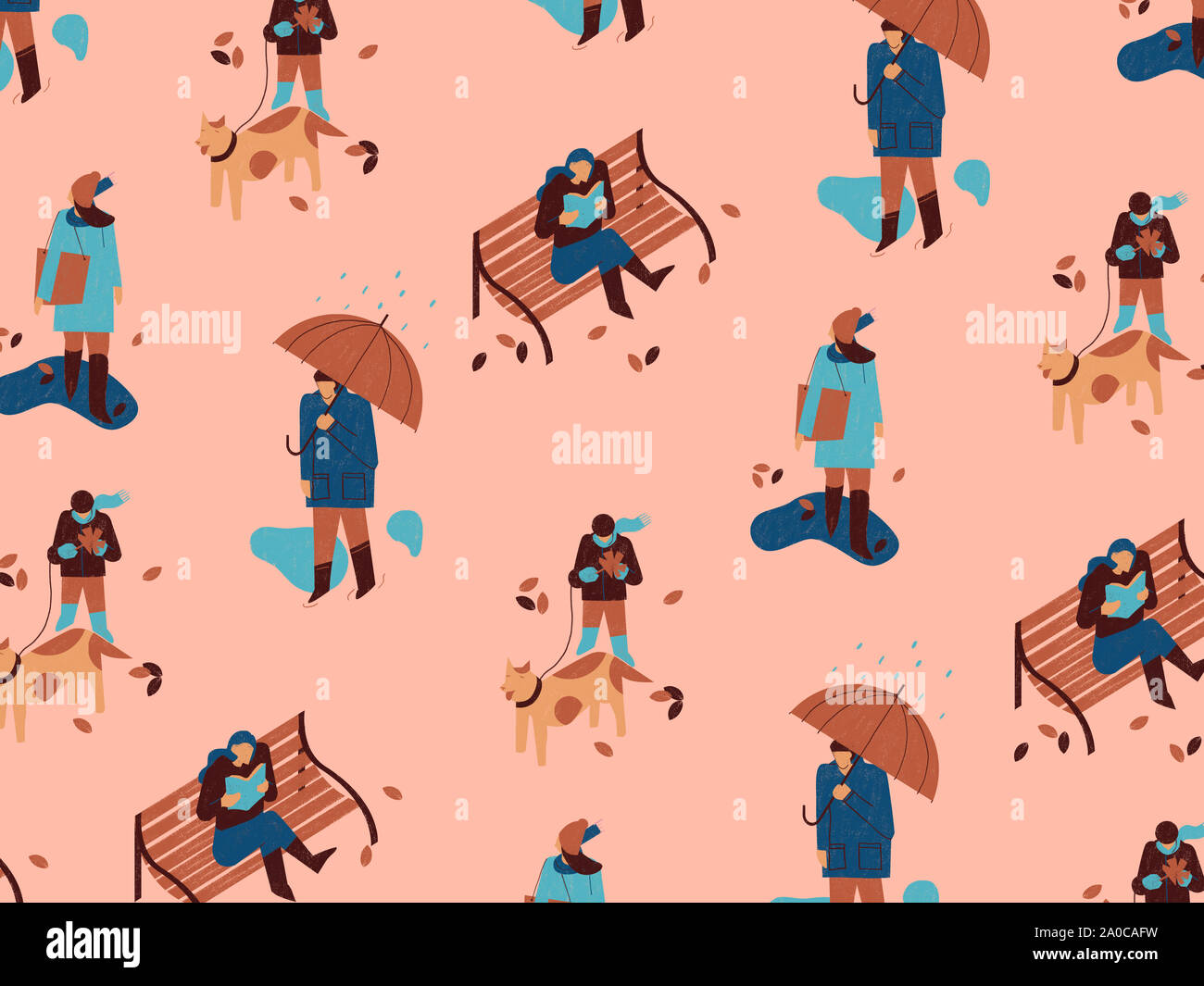 Autumn season resource illustration. People outside enjoying the autumnal season. Blue and brown colorful background. Stock Photo