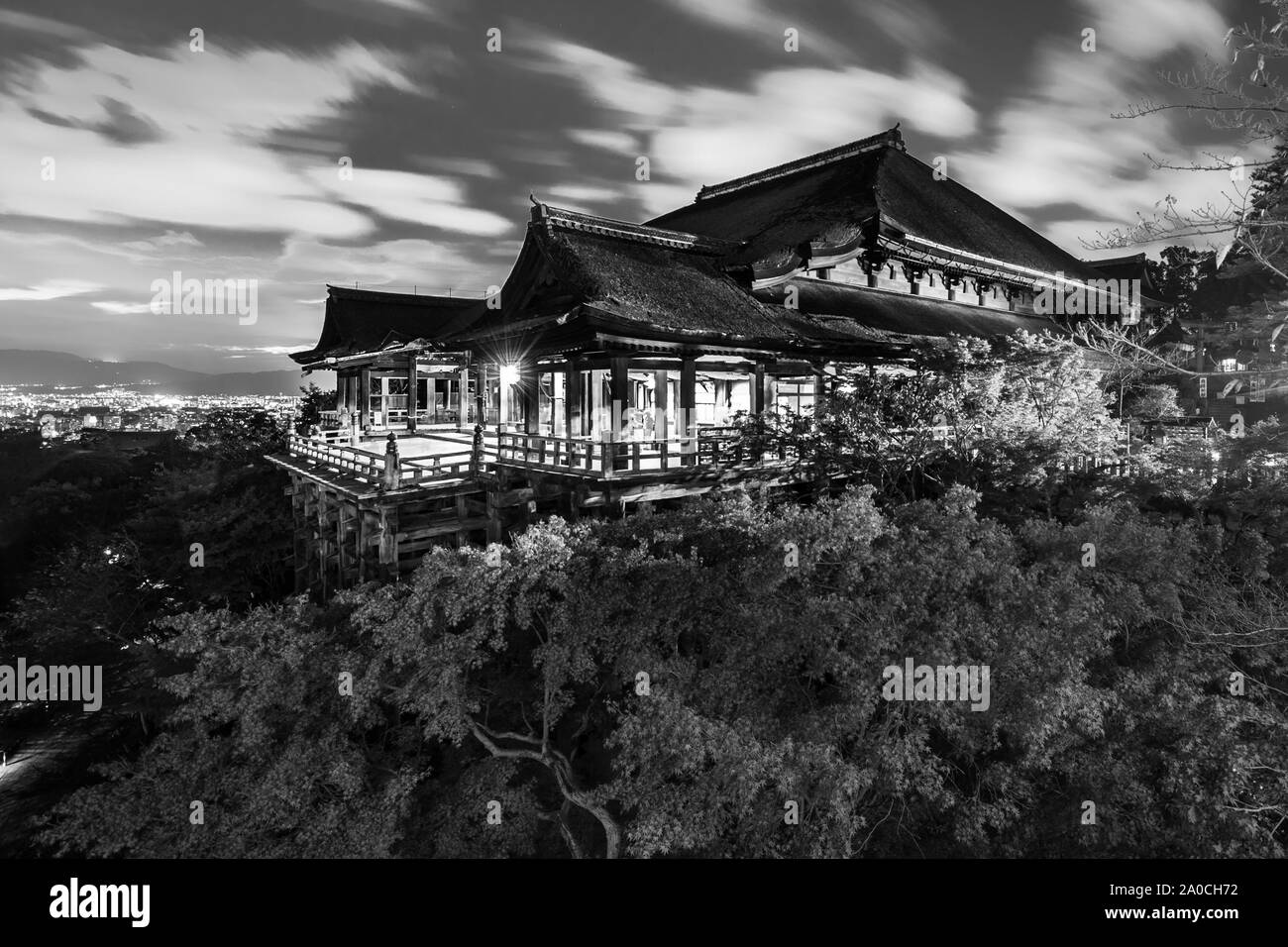 Black and white night photo of Kiyomizu-dera Temple in Kyoto, Japan Stock Photo