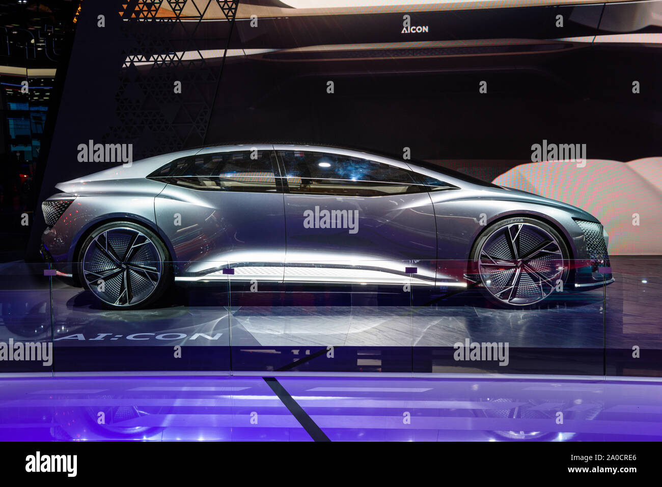 FRANKFURT, GERMANY - SEPT 2019: silver AUDI AI:CON AICON - electric coupe car concept study, IAA International Motor Show Auto Exhibtion. Stock Photo