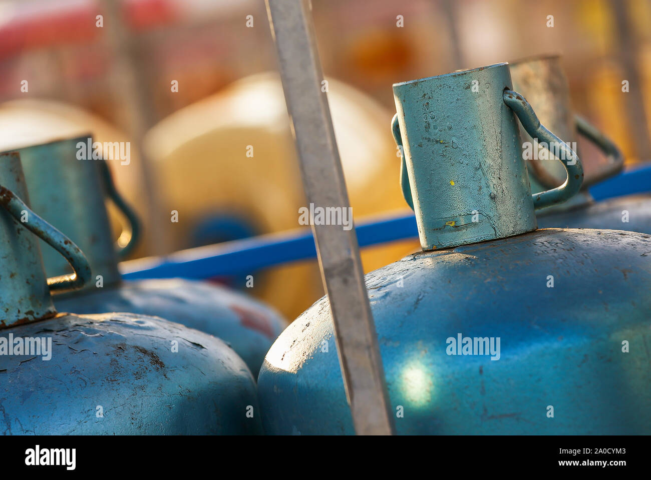 Closeup of stacks of gas cylinders on a distributor Stock Photo