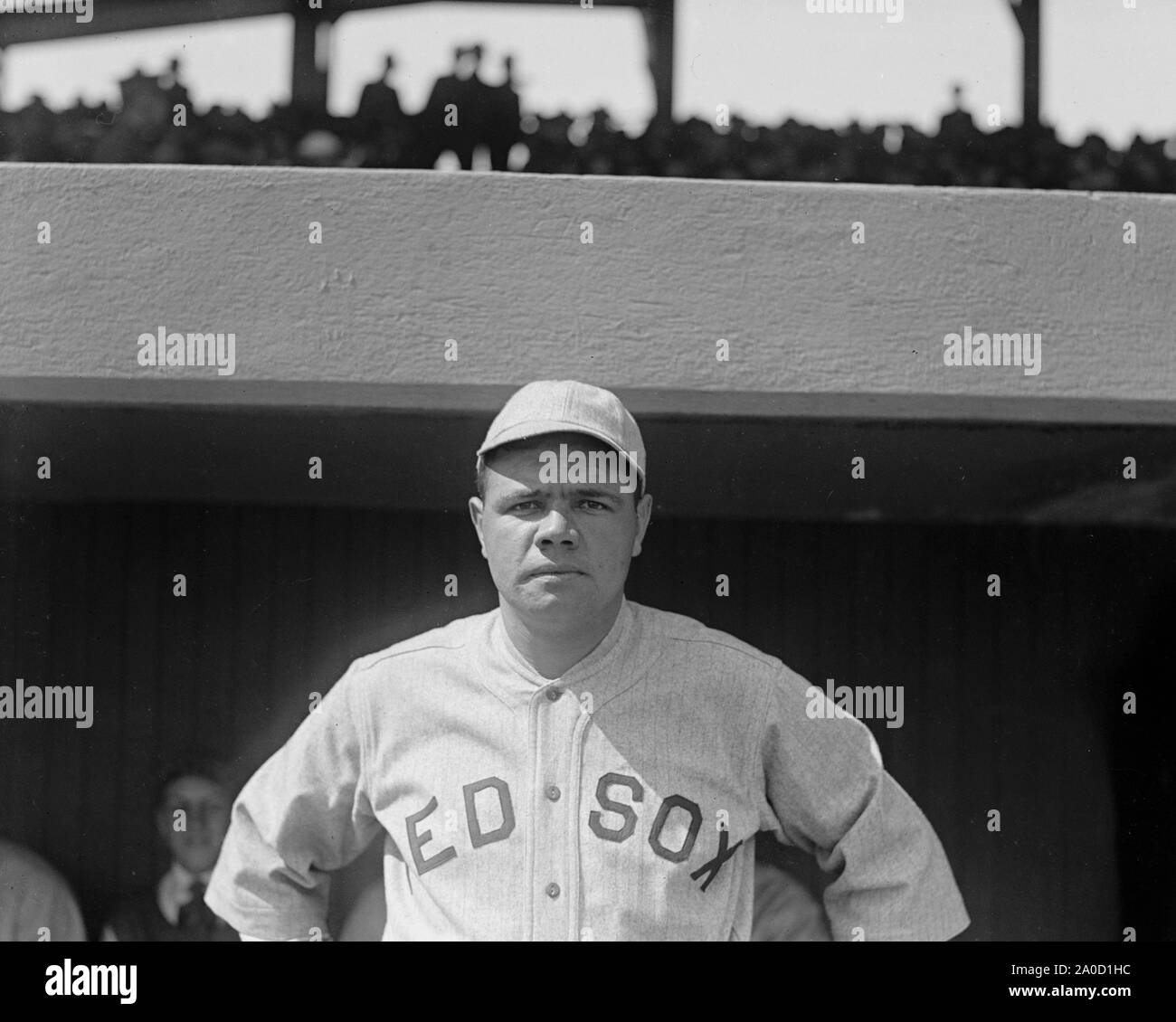 George Herman 'Babe' Ruth Jr. (February 6, 1895 – August 16, 1948) was an American professional baseball player whose career in Major League Baseball (MLB) spanned 22 seasons, from 1914 through 1935. Nicknamed 'The Bambino' and 'The Sultan of Swat', he began his MLB career as a star left-handed pitcher for the Boston Red Sox, but achieved his greatest fame as a slugging outfielder for the New York Yankees. Ruth established many MLB batting (and some pitching) records, including career home runs (714), runs batted in (RBIs) (2,213), bases on balls (2,062), slugging percentage (.690). Stock Photo