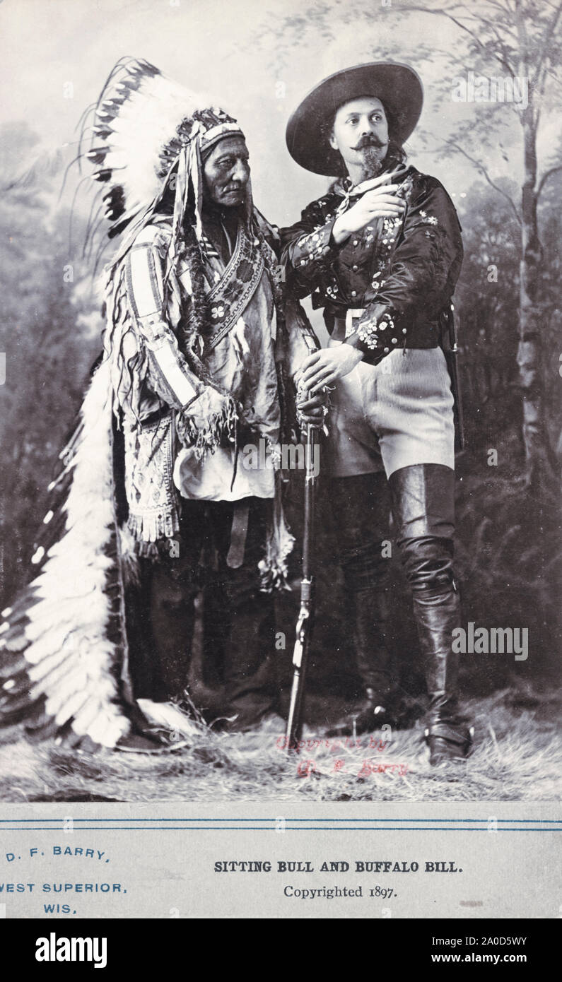 Sitting Bull and Buffalo Bill. Photograph originally taken by William Notman studios, Montreal, Quebec, Canada, during Buffalo Bill's Wild West Show, August 1885. Stock Photo