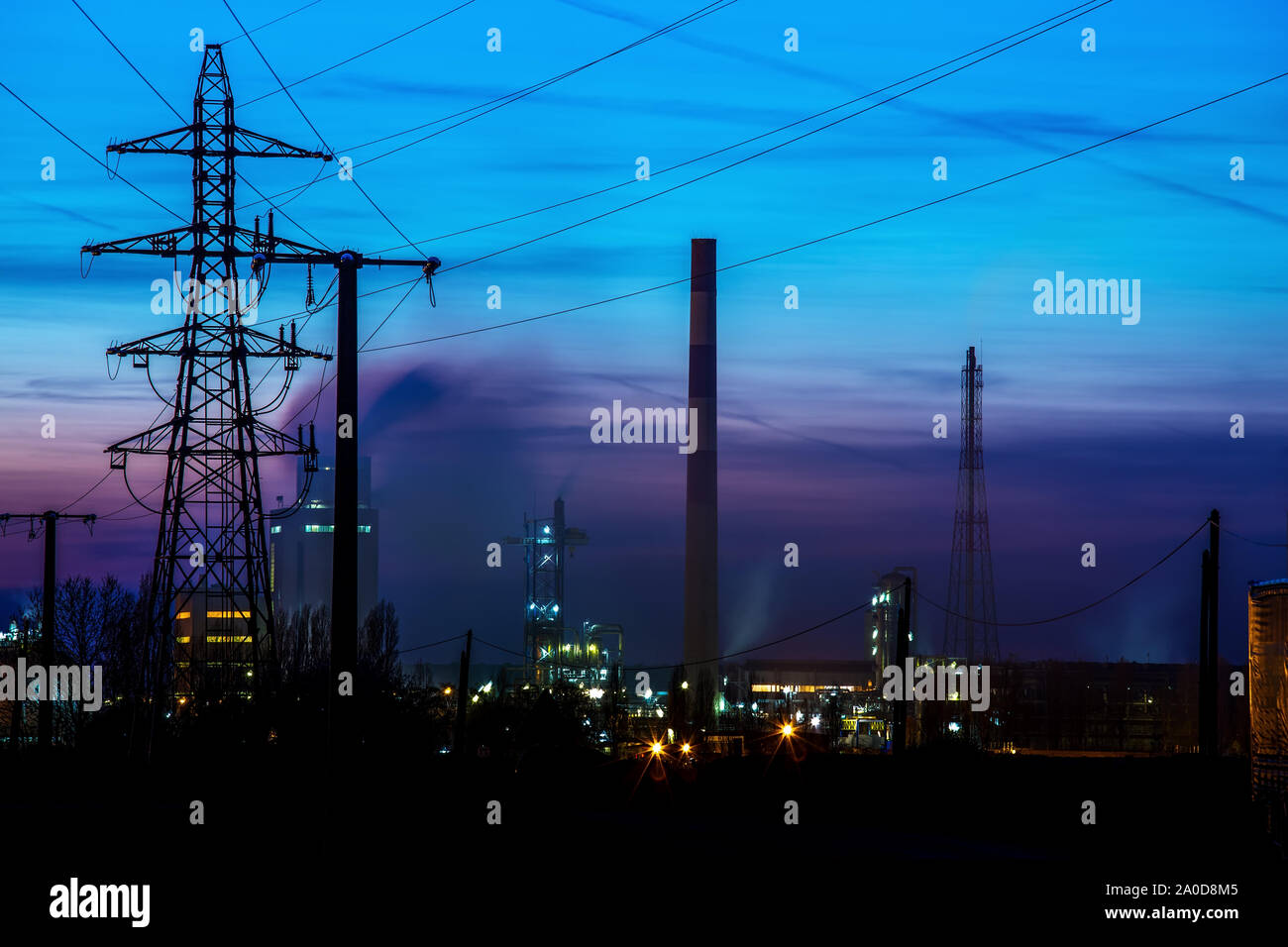 Night View on Oil refinery unit in the countryside Stock Photo