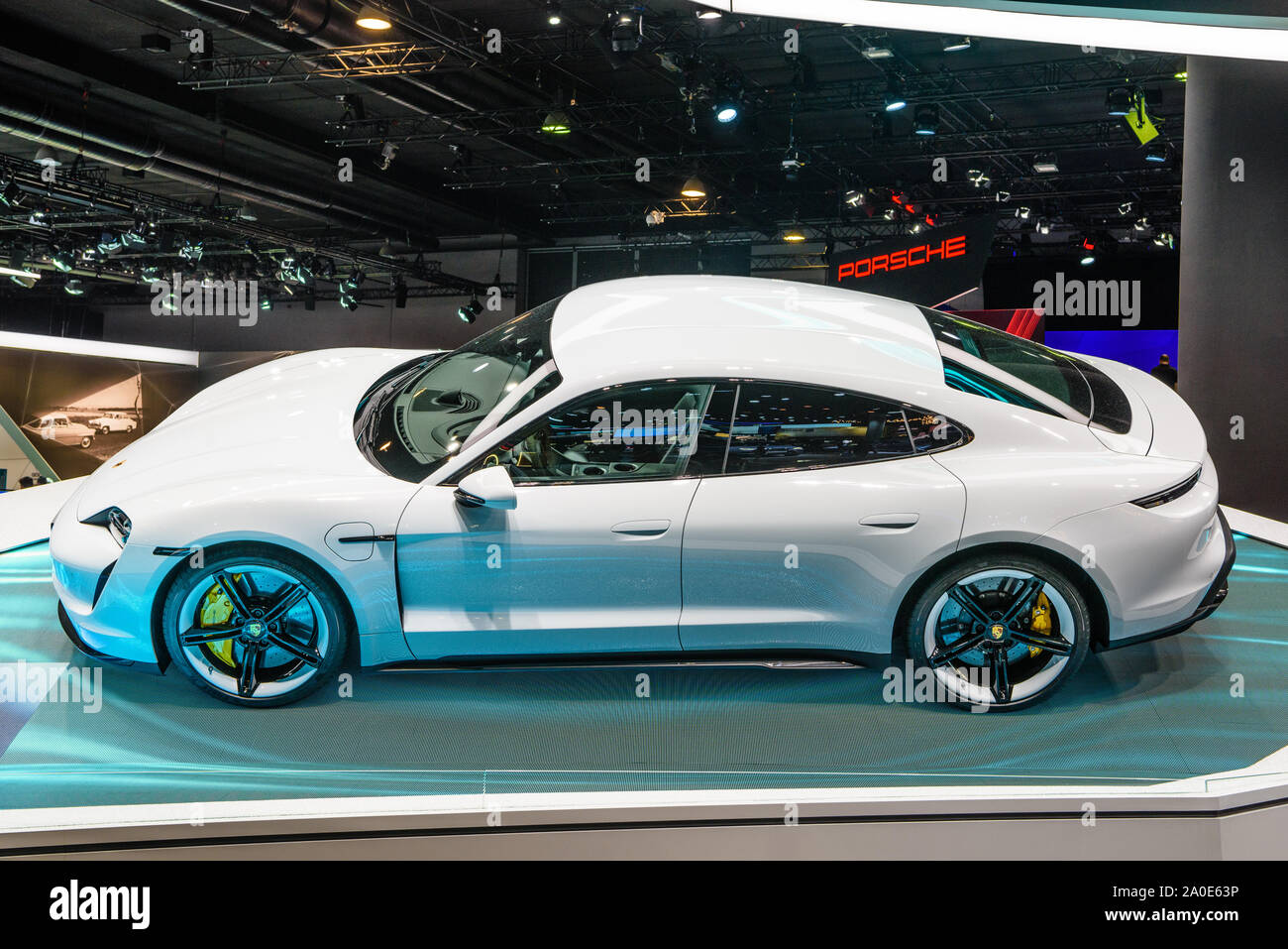 Frankfurt Germany Sept 2019 White Porsche Taycan Turbo S Is An