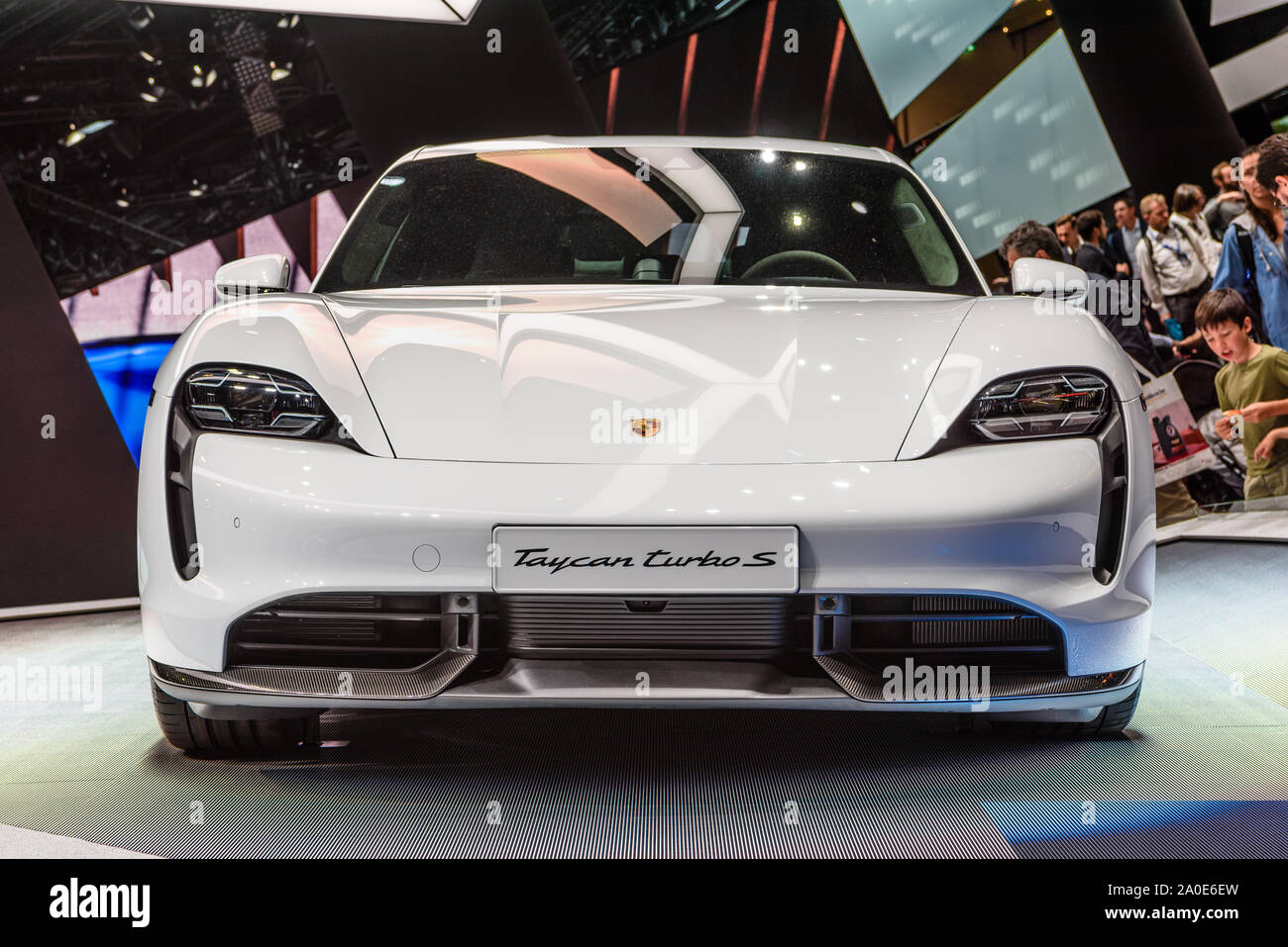 Frankfurt Germany Sept 2019 White Porsche Taycan Turbo S Is An