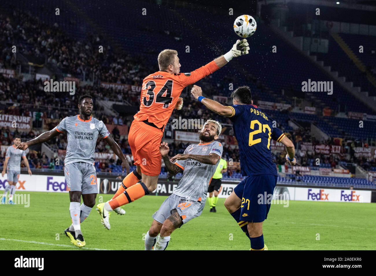 Rome, Italy. 19th Sep, 2019. Javier Pastore of AS Roma and Meet Gunok of Istanbul Basaksehir in action during UEFA Europa League match between AS Roma and Istanbul Basaksehir at Olimpico Stadium.(Final score: AS Roma 4:0 Istanbul Basaksehir) Credit: SOPA Images Limited/Alamy Live News Stock Photo