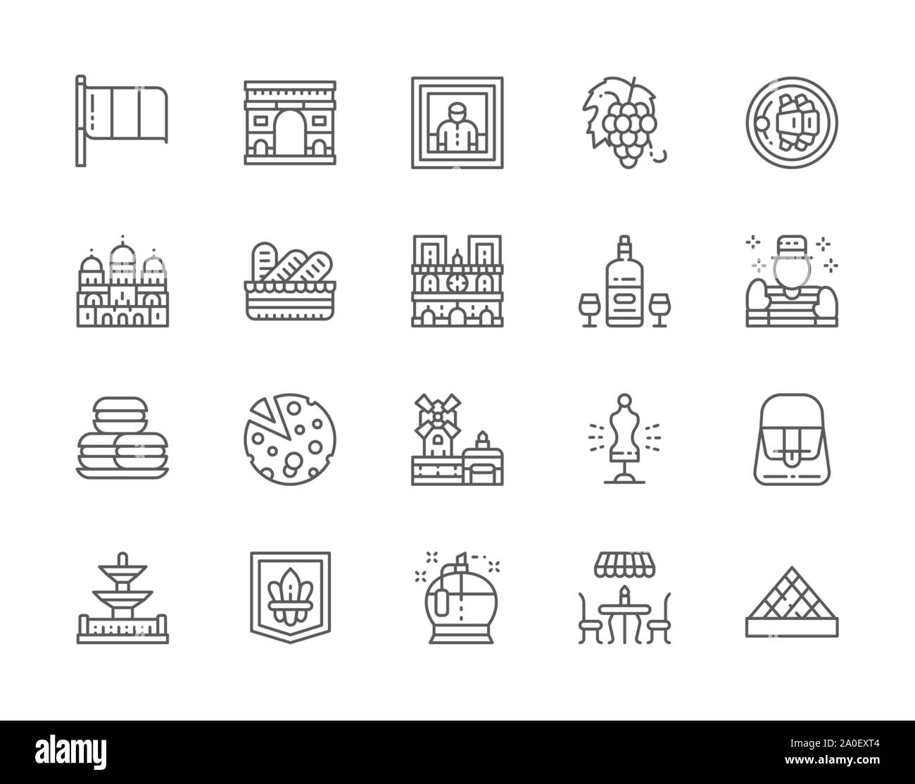 Set of French Culture Line Icons. Perfumery, Street Cafe, Alcohol, Mime and more Stock Vector