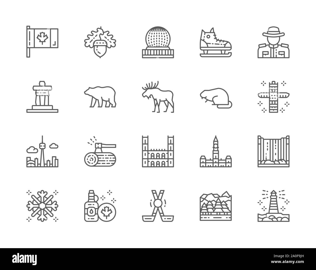 Set of Canadian Culture Line Icons. Sports Equipment, Police, Bear, Elk and more Stock Vector