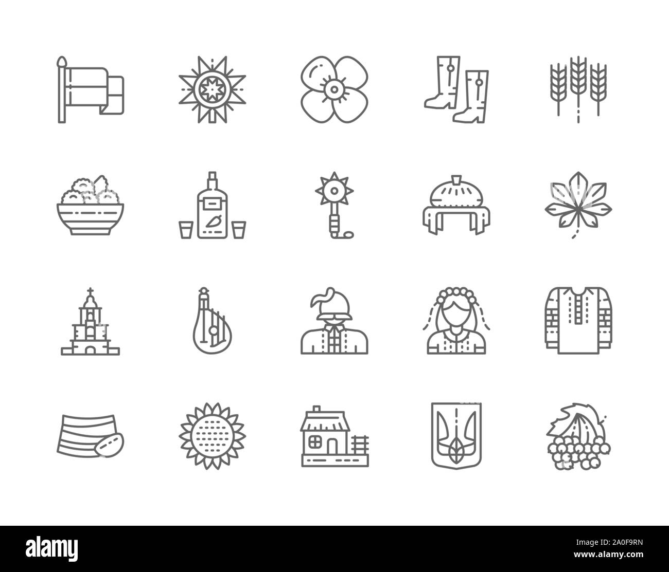 Set of Ukrainian Culture Line Icons. Mace, Wheat Ear, Wedding Bread and more. Stock Vector