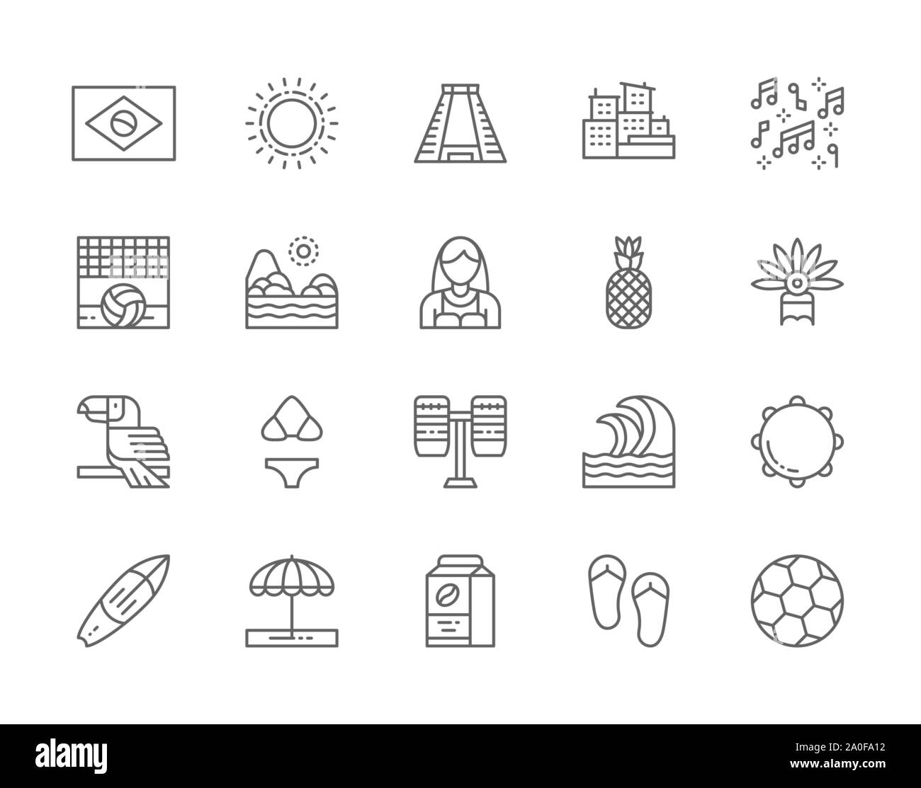 Set of Brazilian Culture Line Icons. City Favelas, Carnival, Surfboard and more. Stock Vector