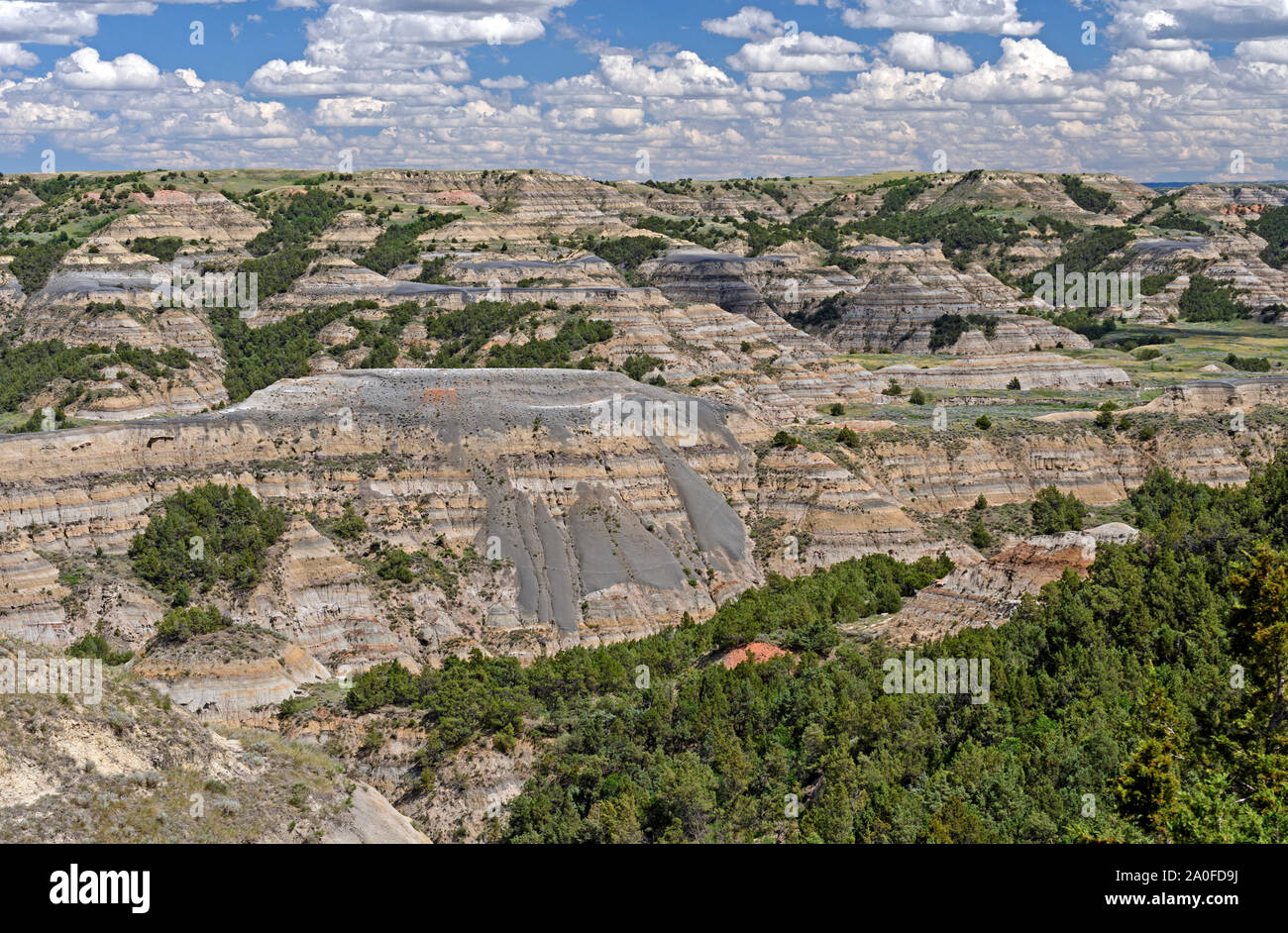 Looking Down into a Badlands Valley in Theodore Roosevelt National Park in North Dakota Stock Photo