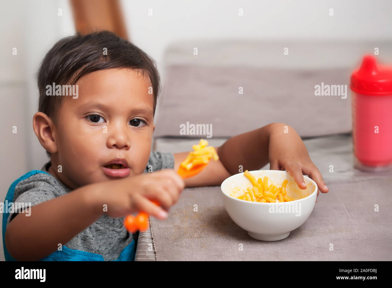 A preschool age boy shows ability to hold spoon full of macaroni and cheese to feed himself at the dinner table. Stock Photo