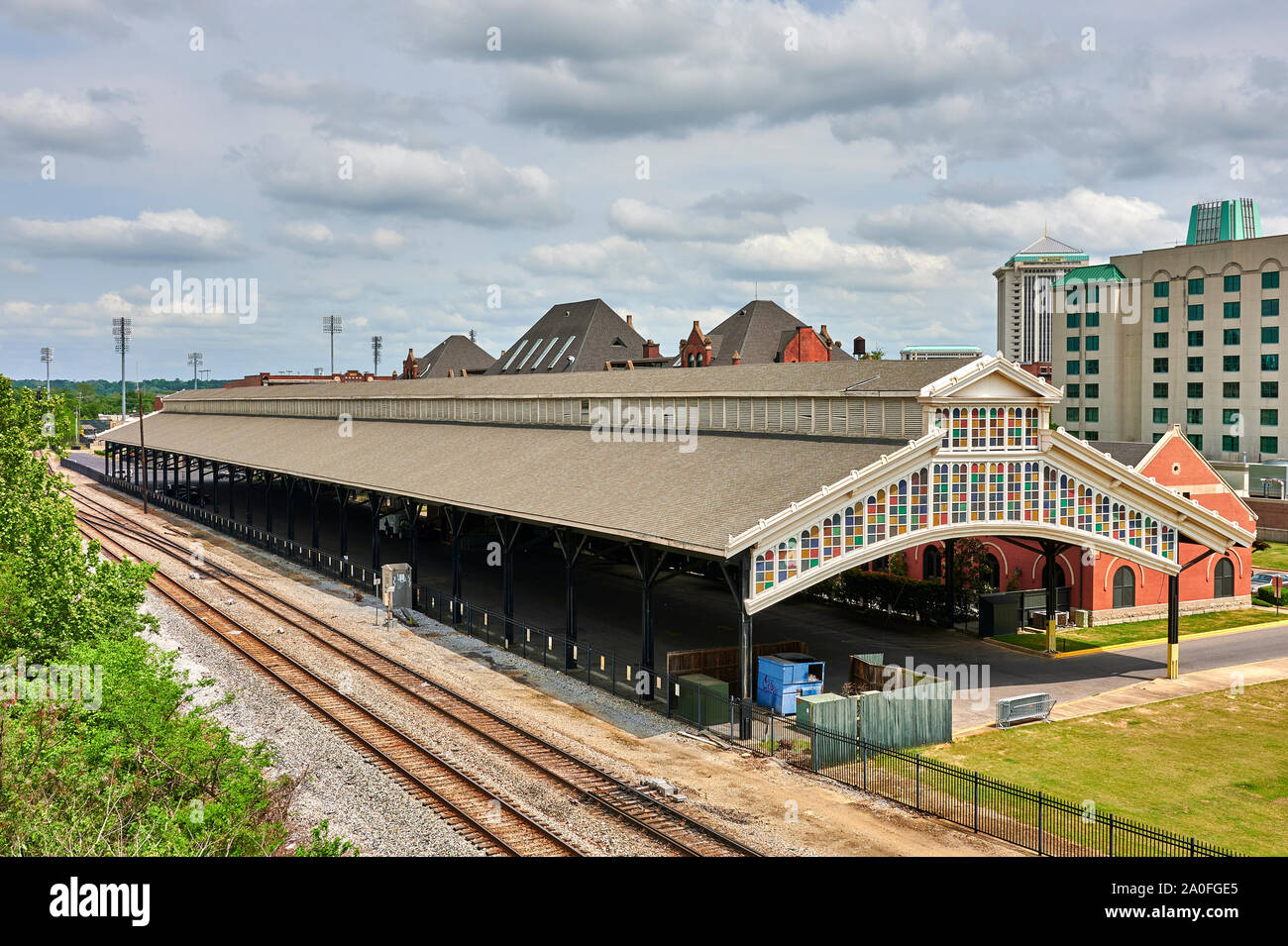 Historical train shed at Union Station railroad  or train station or depot in Montgomery Alabama, USA. Stock Photo