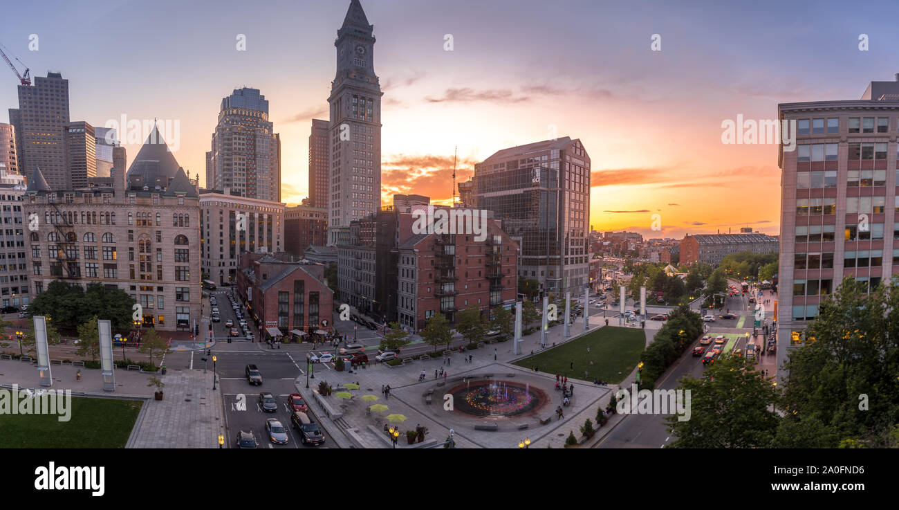 Panoramic sunset view of Boston downtown with the custom house tower and other public buildings Stock Photo