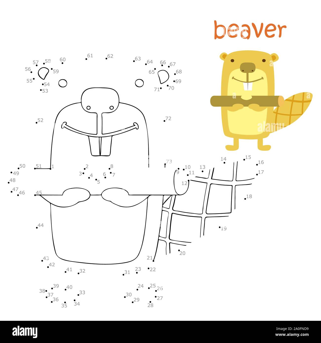 Coloring book and dot to dot game for children. Numbers game. beaver
