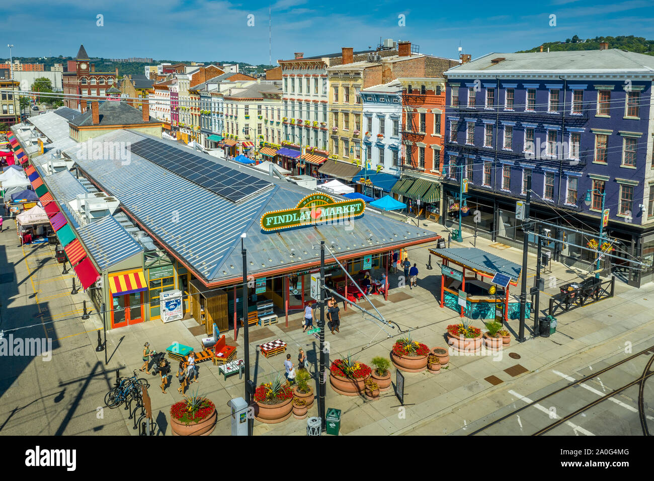 Aerial view of colorful Findlay market in the regentrified Over the