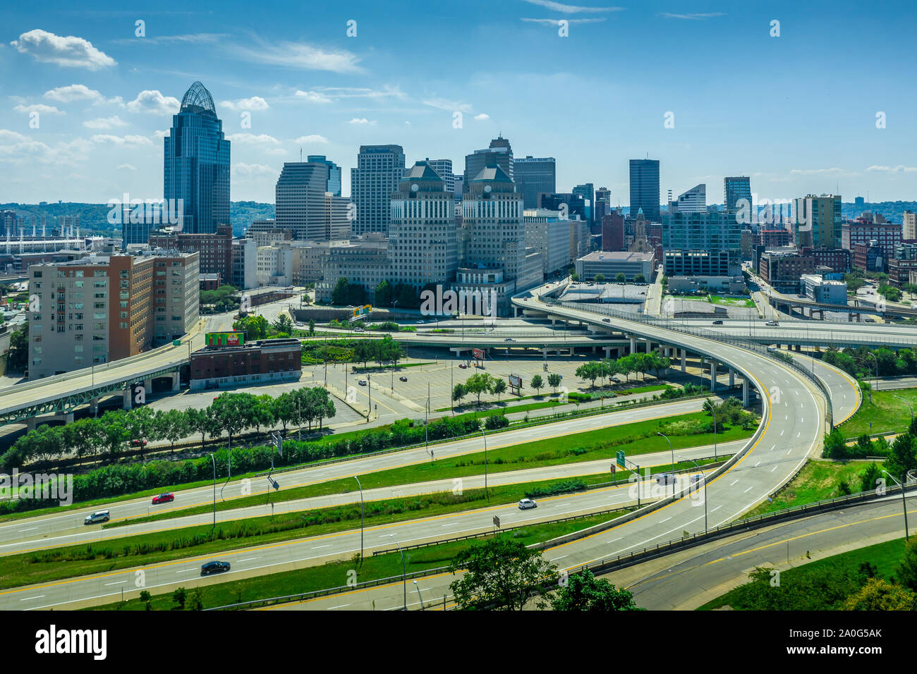 Cincinnati downtown aerial panorama from Mount Adams with crossing highways in Ohio Stock Photo