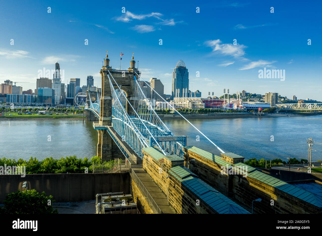 Panoramic view of Cincinnati downtown with the historic Roebling suspension bridge over the Ohio river Stock Photo