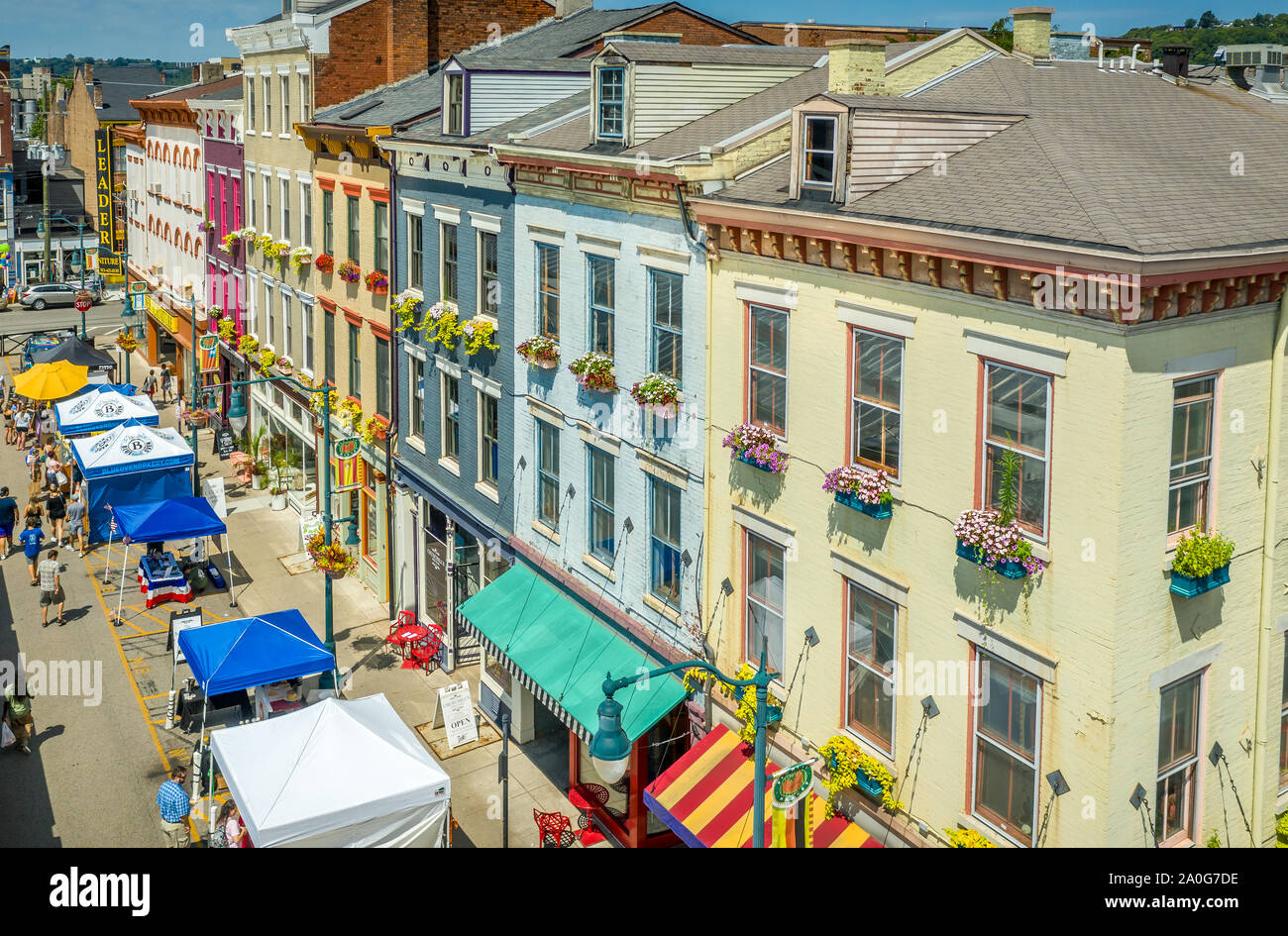 Aerial view of colorful Findlay market in the re-gentrified Over the Rhine neighborhood of Cincinnati Ohio USA with street vendors Stock Photo