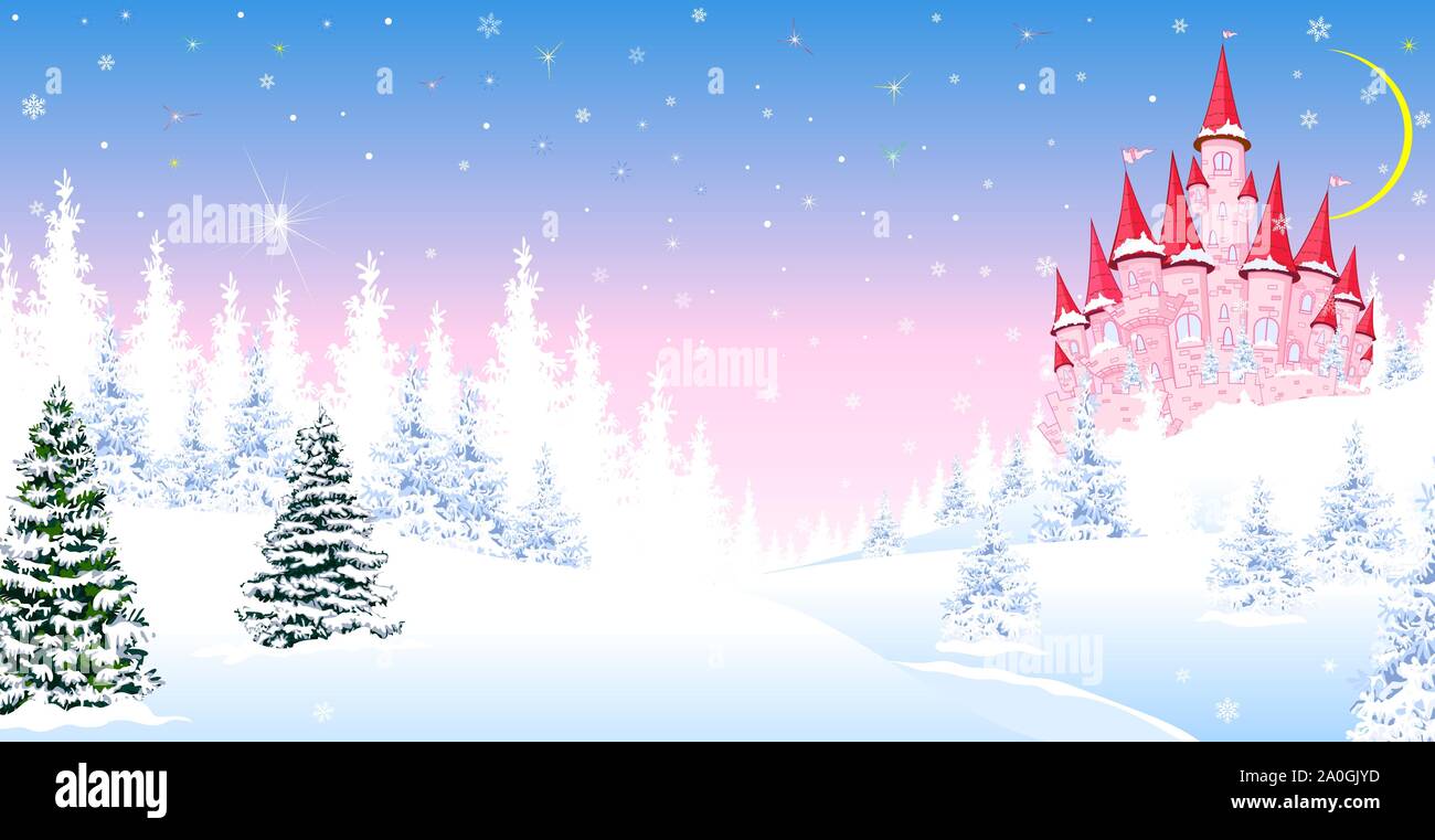 Cartoon pink castle on the background of winter snow-covered forest. Winter landscape with a pink castle. Stock Vector