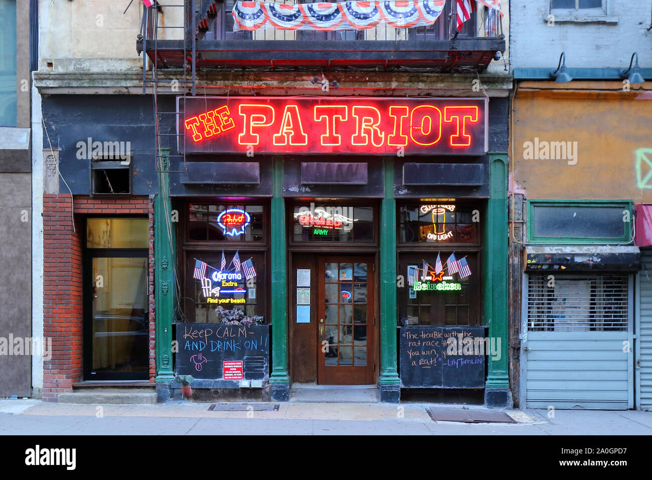 [historical storefront] Patriot Saloon, 110 Chambers Street, New York, NY. exterior storefront of a bar in Manhattan's financial district. Stock Photo