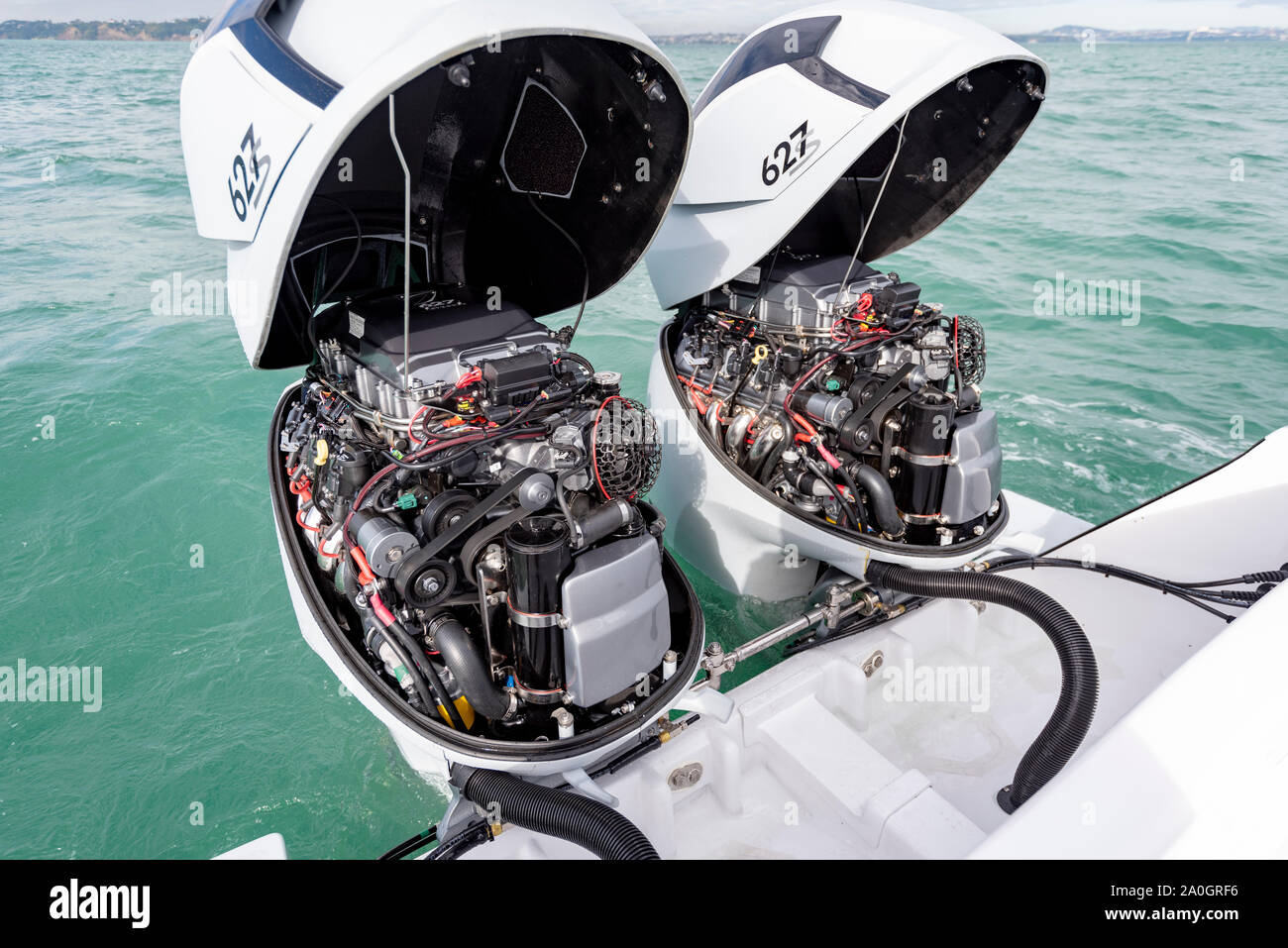 Intrepid Boats centre console power boat with two Seven Marine 627S out board motors Stock Photo