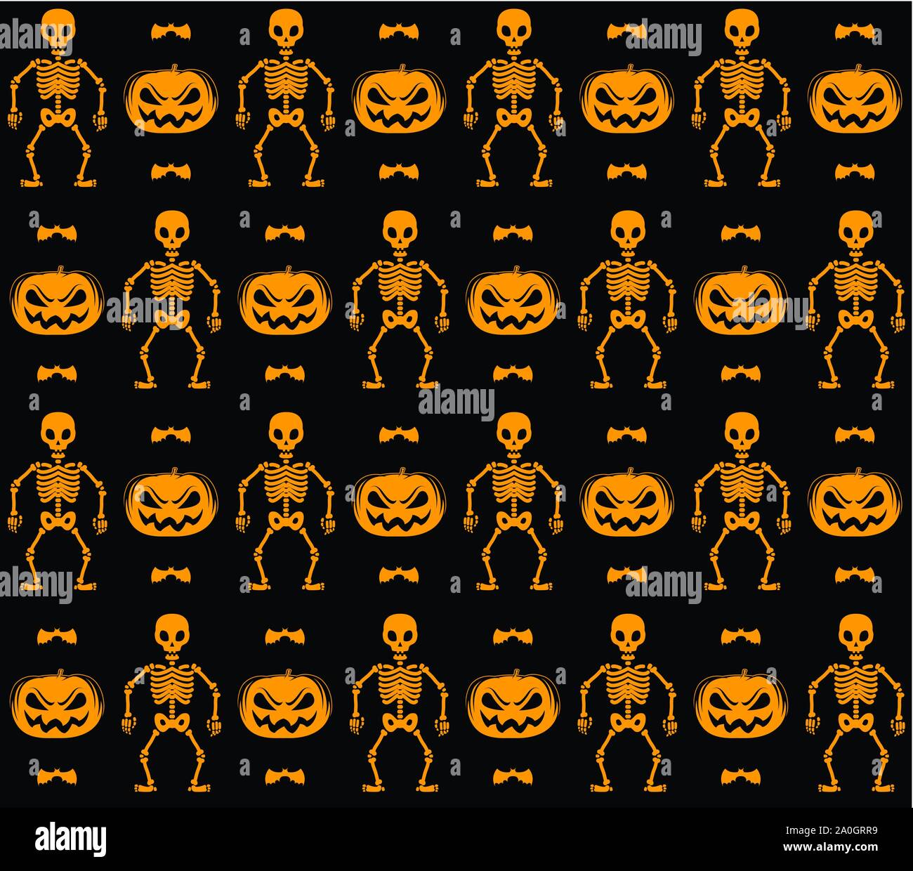 Seamless pattern with skeletons, pumpkins and bats Stock Vector