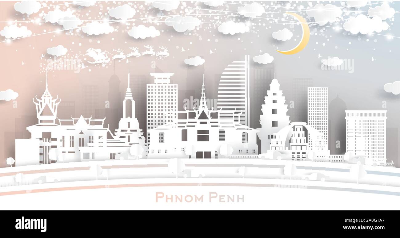 Phnom Penh Cambodia City Skyline in Paper Cut Style with Snowflakes, Moon and Neon Garland. Vector Illustration. Christmas and New Year Concept. Santa Stock Vector