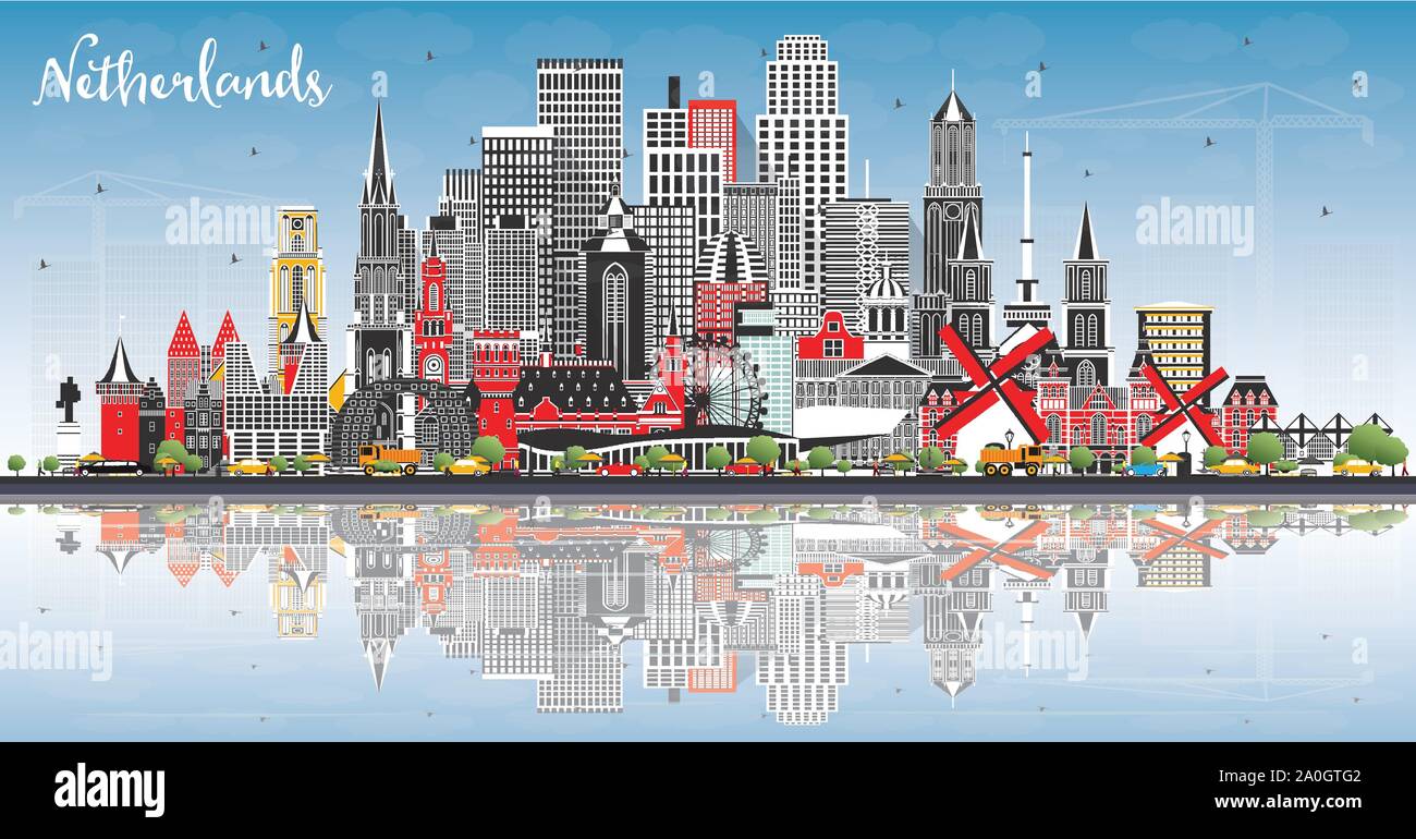 Netherlands Skyline with Gray Buildings, Blue Sky and Reflections