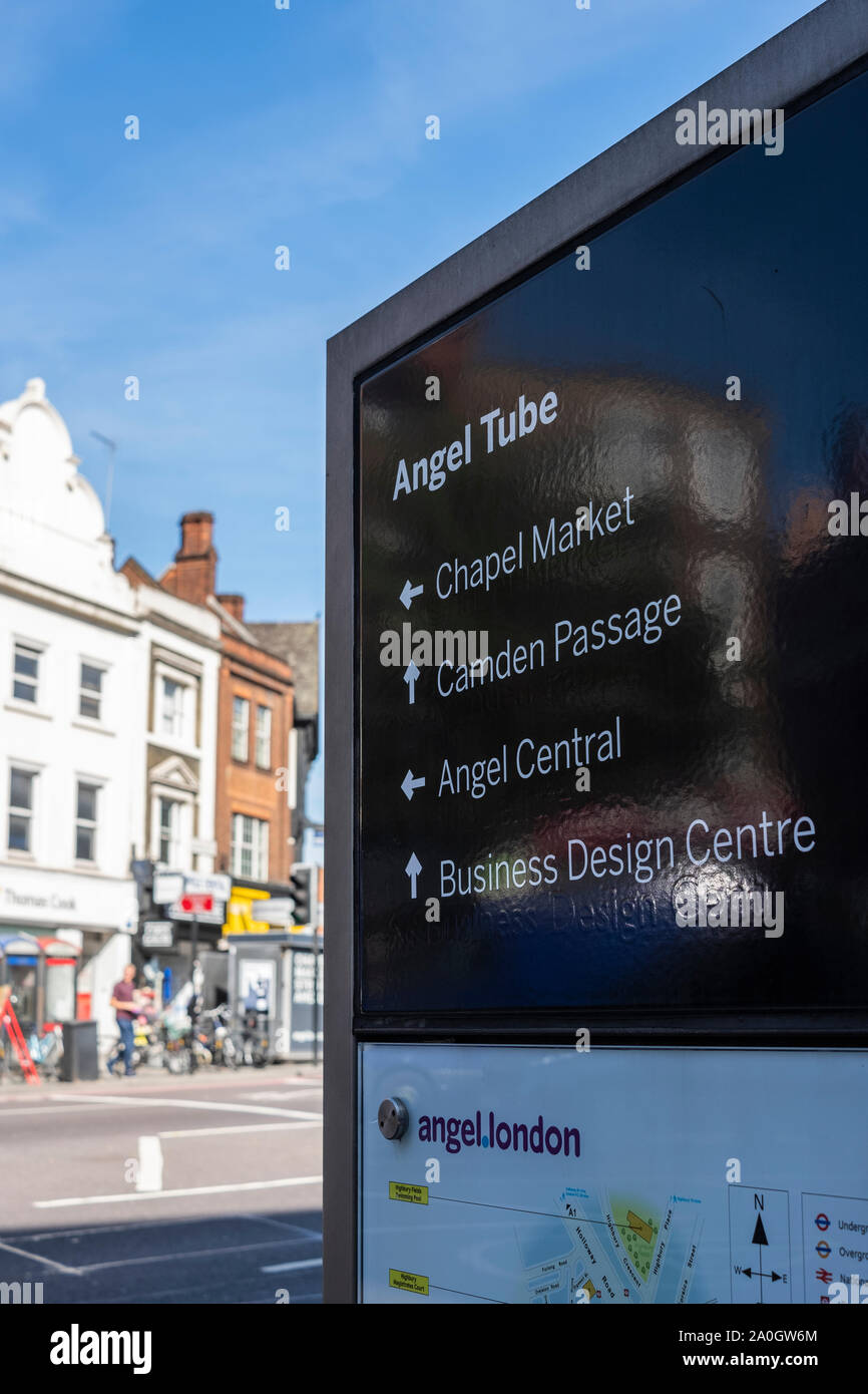 Angel Tube information sign, Islington High Street, London, England, U.K. Stock Photo