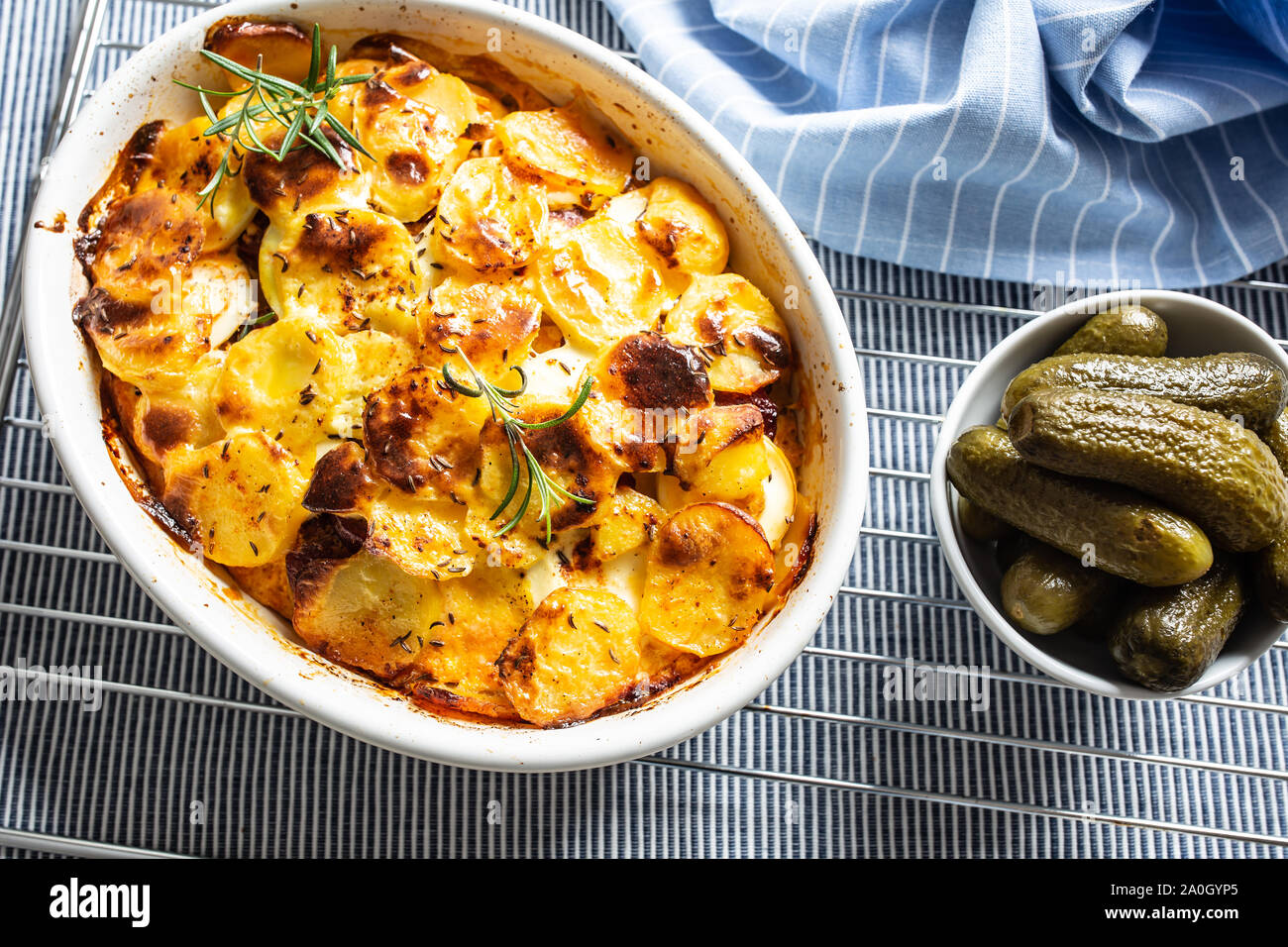 Roasted potatoes in baking dish traditional easten european food titled as france potato Stock Photo