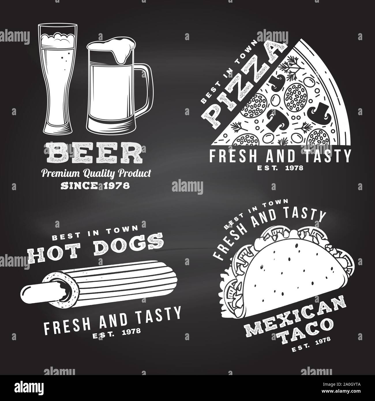 Set of fast food retro badge design on the chalkboard. Vector Vintage design with pizza, beer, taco, hot dog for pub or fast food business. Template for restaurant identity objects, packaging and menu Stock Vector